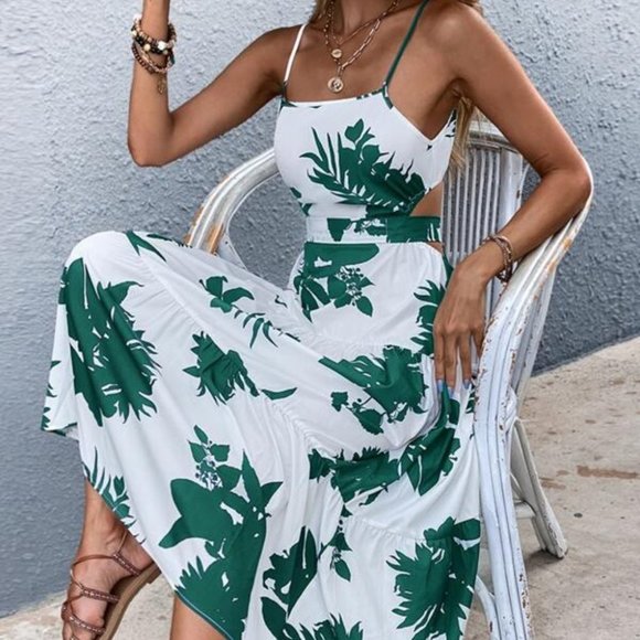 Boho green white floral tropical print tie back maxi dress - Picture 7 of 7